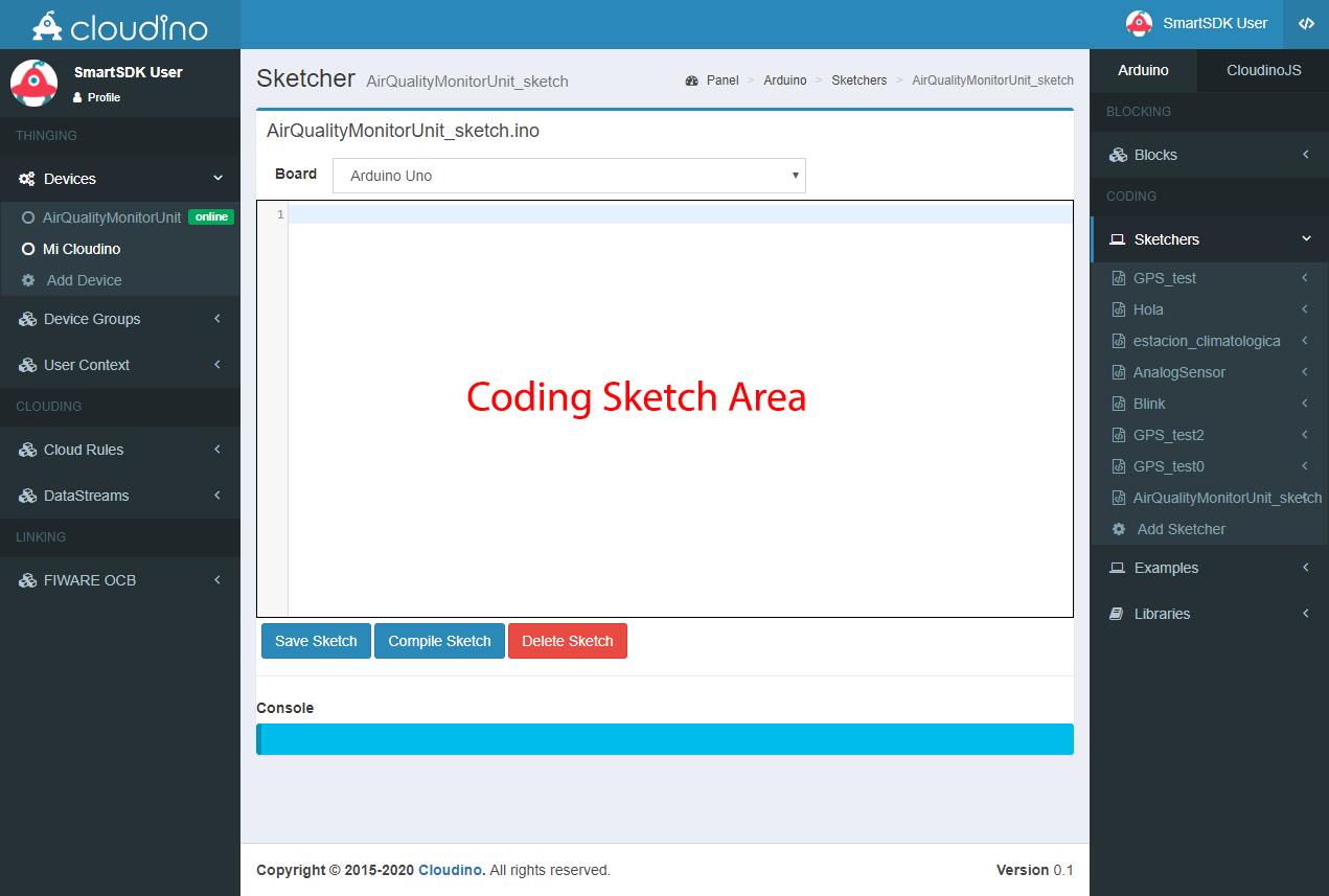 Sketcher area: compile, save and delete your code