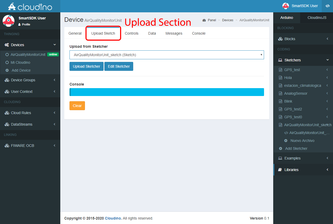 “Upload Sketch” section from the selected device